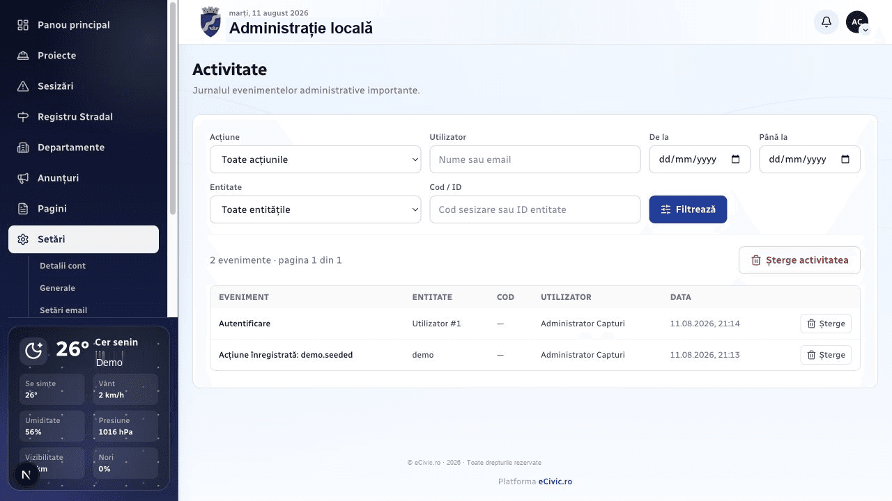 Interfața administrării operaționale eCivic