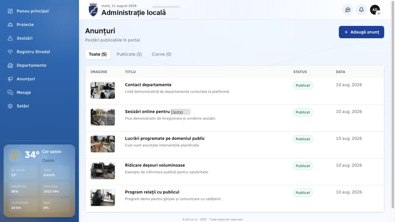 Interfața conținutului public eCivic