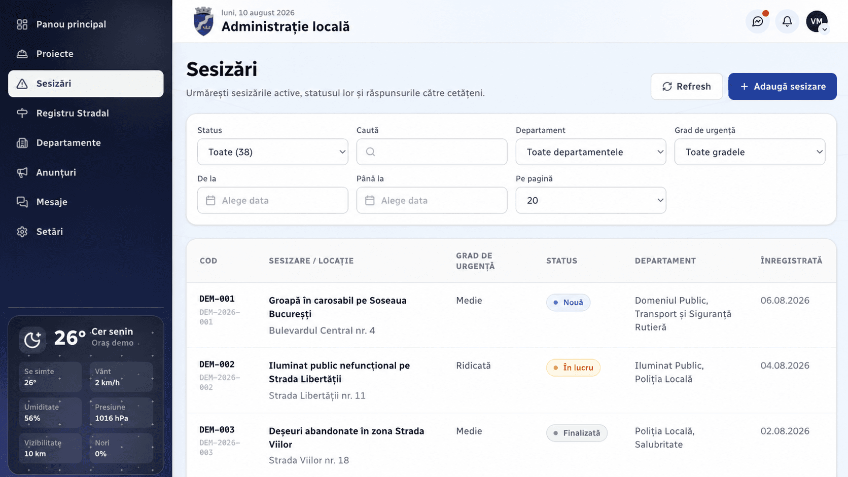 Interfața modulului — Operațiuni, teritoriu și organizare