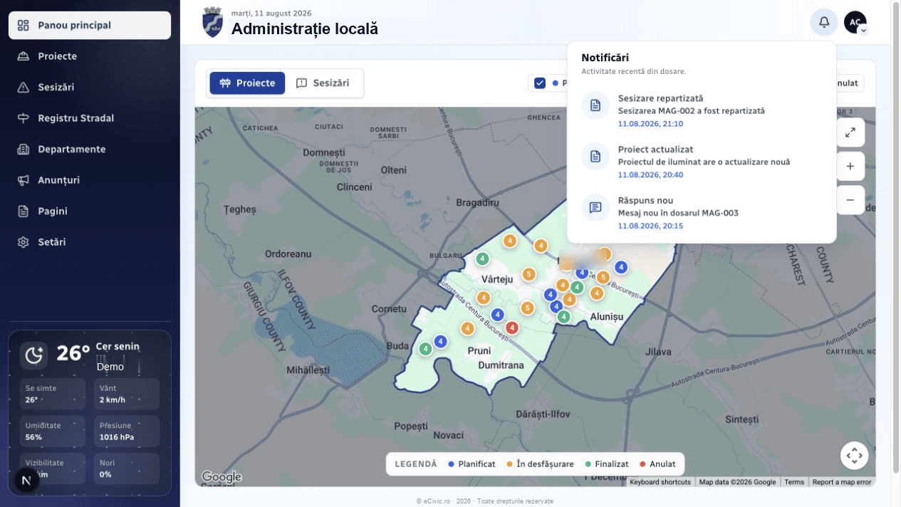 Interfața dashboardului cu notificări eCivic