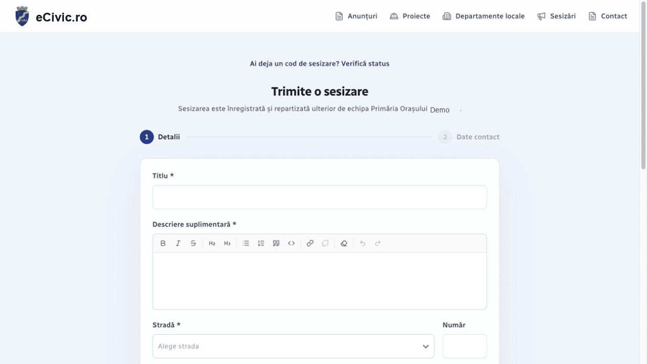 Formularul public pentru trimiterea unei sesizări
