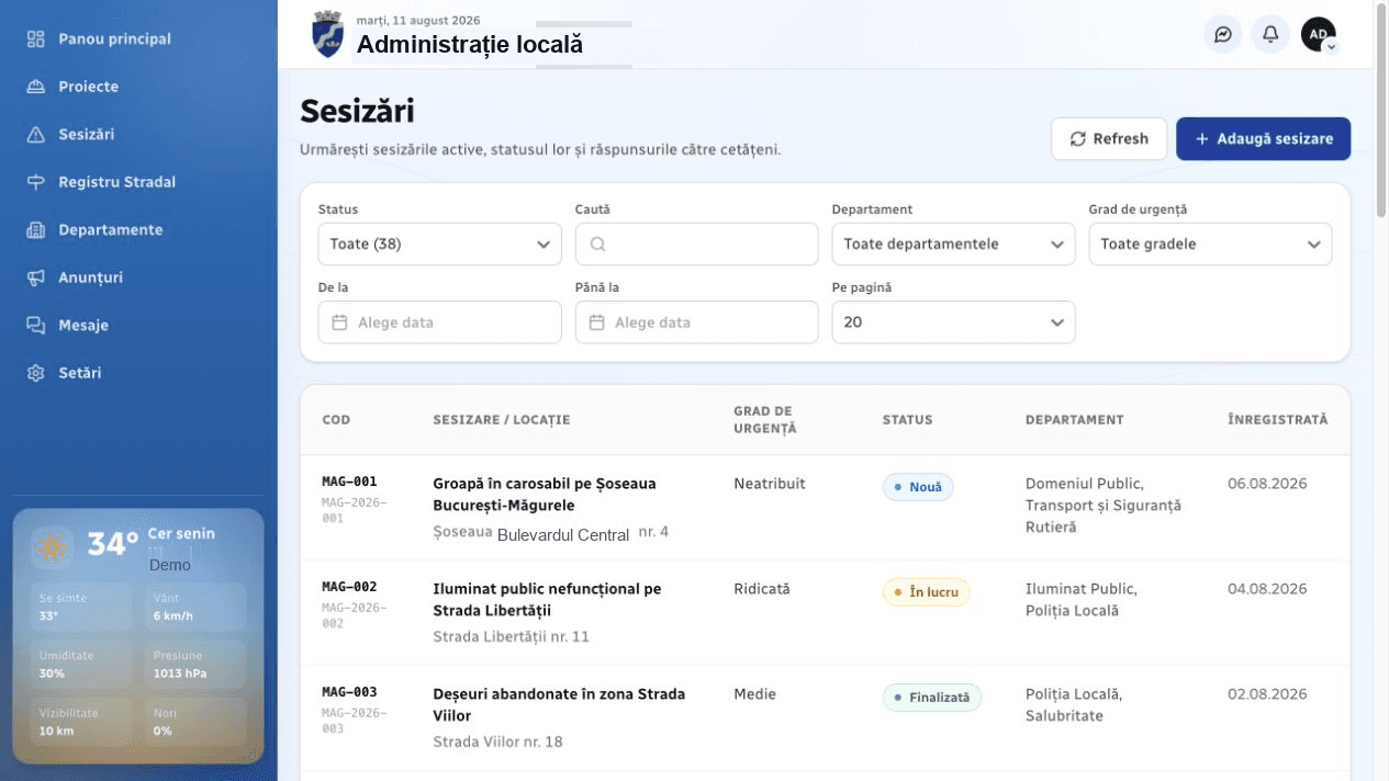 Sesizări care generează notificări operaționale